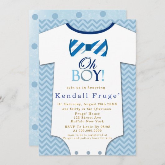 Oh Boy Bow Stropdas Bodysuit Baby Shower Invitatio (Voorkant / Achterkant)