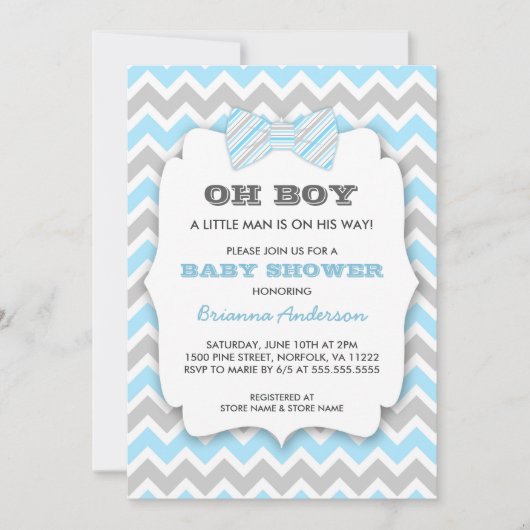 OH BOY Bowtie baby shower / blauw grijs chevron Kaart (Voorkant)