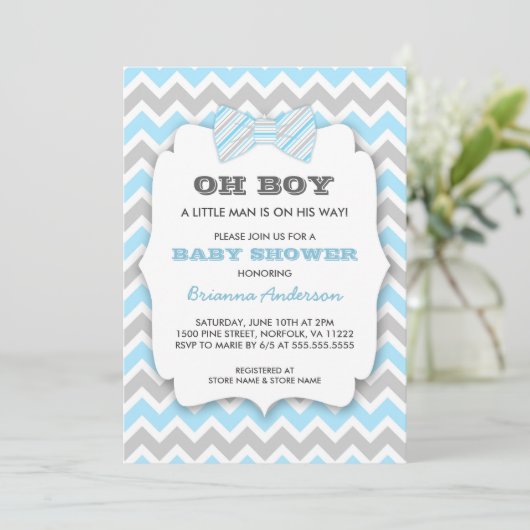 OH BOY Bowtie baby shower / blauw grijs chevron Kaart (Staand voorkant)