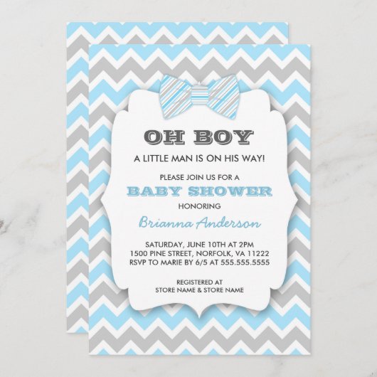 OH BOY Bowtie baby shower / blauw grijs chevron Kaart (Voorkant / Achterkant)