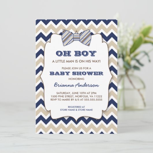 OH BOY Bowtie baby shower/marjoor bruin chevron Kaart (Staand voorkant)
