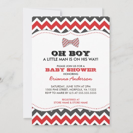 OH BOY Bowtie baby shower nodigt/grijs rood uit Kaart (Voorkant)