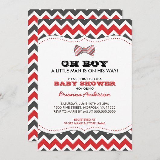 OH BOY Bowtie baby shower nodigt/grijs rood uit Kaart (Voorkant / Achterkant)