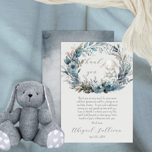 Oh Boy Bunny Rabbit Blue Floral Wreath Baby shower Bedankkaart