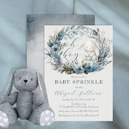 Oh Boy Bunny Rabbit Blue Floral Wreath Baby shower Kaart