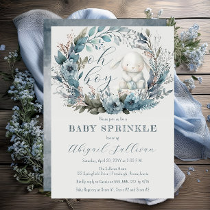 Oh Boy Bunny Rabbit Blue Floral Wreath Baby shower Kaart