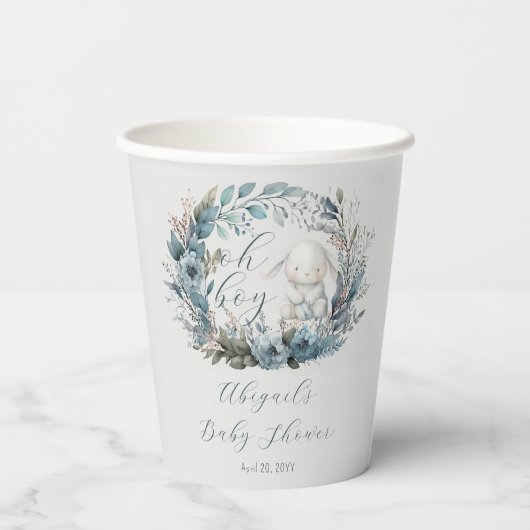 Oh Boy Bunny Rabbit Blue Floral Wreath Baby shower Papieren Bekers (Achterkant)