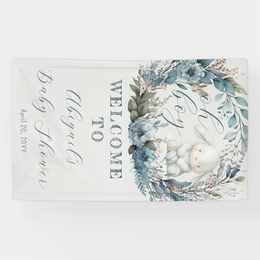 Oh Boy Bunny Rabbit Blue Floral Wreath Baby shower Spandoek (Horizontaal)