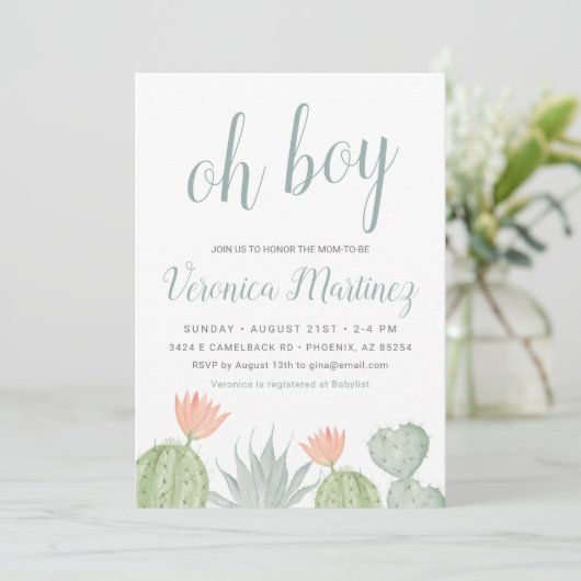 Oh Boy Cactus Baby shower Invitation, woestijn Bab Kaart (Staand voorkant)