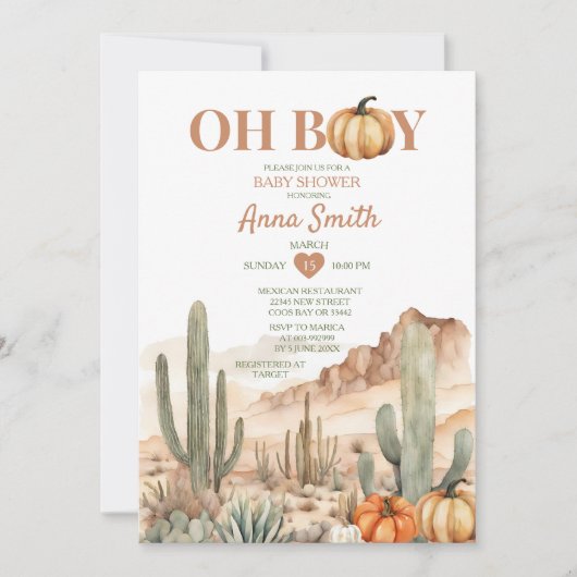 Oh Boy Cactus Desert Landschap Pompoen Baby shower Kaart (Voorkant)