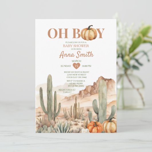 Oh Boy Cactus Desert Landschap Pompoen Baby shower Kaart (Staand voorkant)