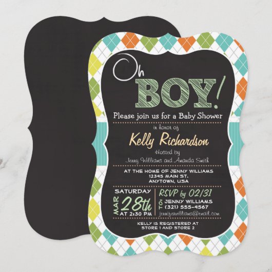 Oh boy! Chalkboard look Baby shower Uitnodiging (Voorkant / Achterkant)