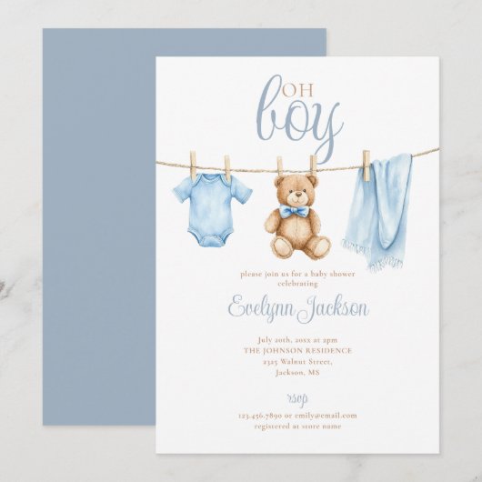 Oh Boy Cute Blue Clothesline Baby Shower Kaart (Voorkant / Achterkant)