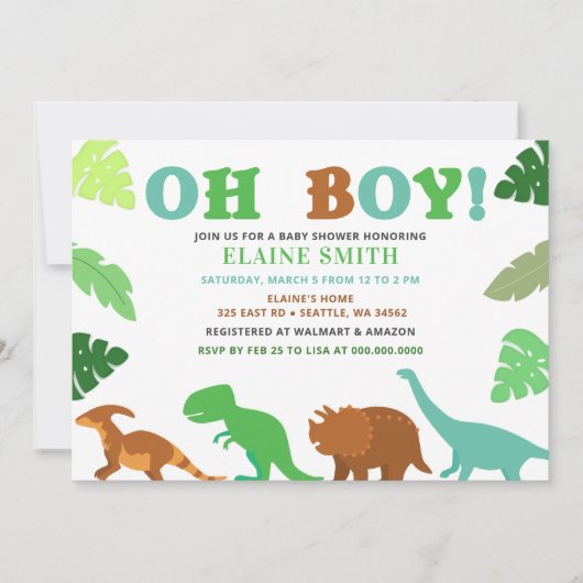 Oh Boy Cute Dinosaur Baby shower Uitnodiging (Voorkant)