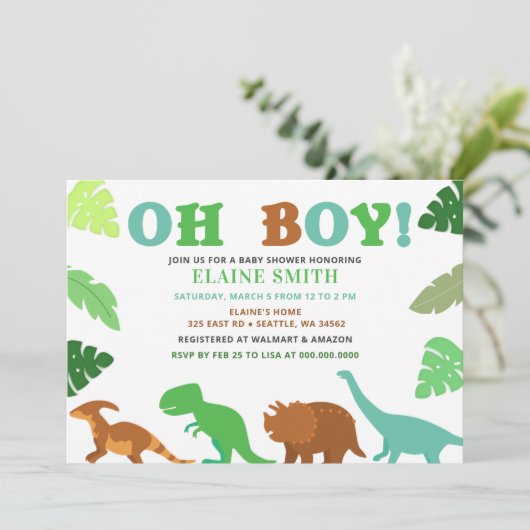 Oh Boy Cute Dinosaur Baby shower Uitnodiging (Staand voorkant)