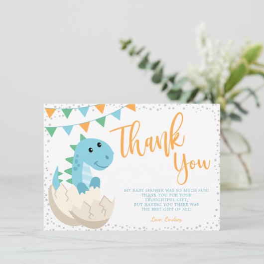 Oh Boy Dinosaur Baby shower Flat Bedankkaart (Staand voorkant)
