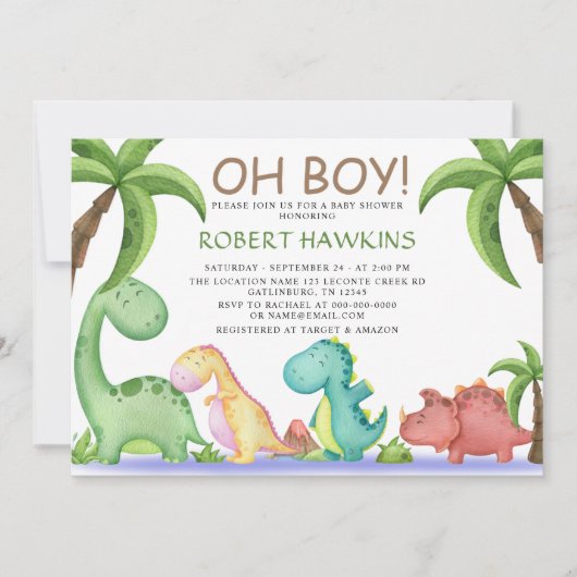 Oh Boy Dinosaur Baby shower Kaart (Voorkant)