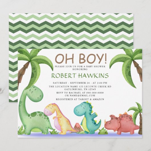 Oh Boy Dinosaur Baby shower Kaart (Voorkant / Achterkant)