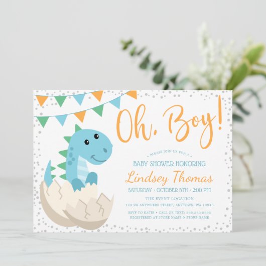 Oh Boy Dinosaur Baby shower Kaart (Staand voorkant)