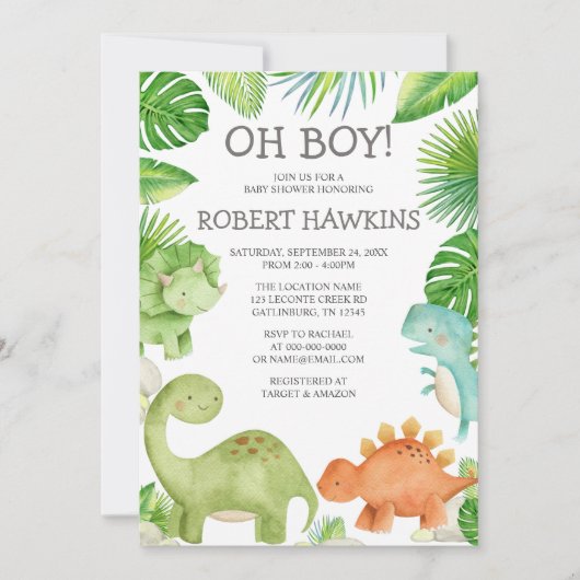 Oh Boy Dinosaur Baby shower Uitnodiging (Voorkant)