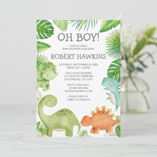 Oh Boy Dinosaur Baby shower Uitnodiging (Staand voorkant)