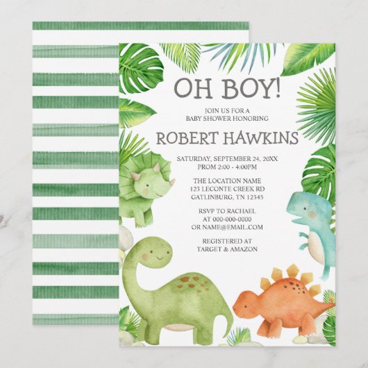 Oh Boy Dinosaur Baby shower Uitnodiging (Voorkant / Achterkant)