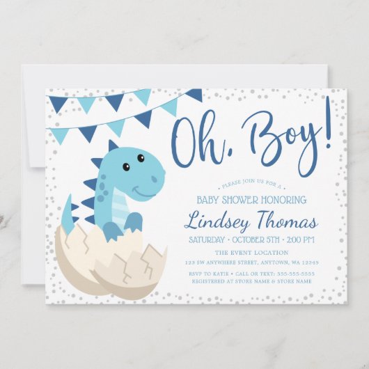 Oh Boy Dinosaur Navy Blue Baby shower Kaart (Voorkant)