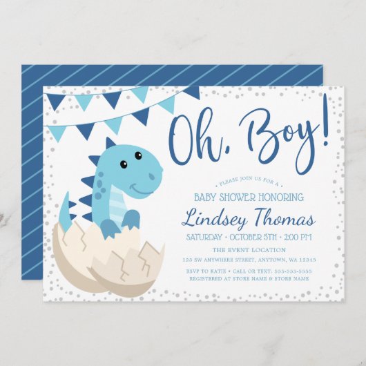 Oh Boy Dinosaur Navy Blue Baby shower Kaart (Voorkant / Achterkant)