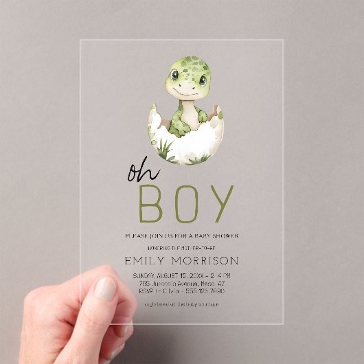 Oh Boy Dinosaur Schattigee Baby Boy Shower Acryl Uitnodigingen (Insitu (Draagbaar))
