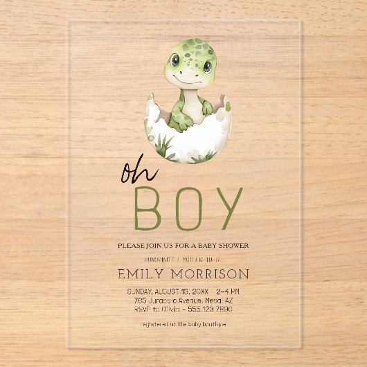 Oh Boy Dinosaur Schattigee Baby Boy Shower Acryl Uitnodigingen (Voorkant)