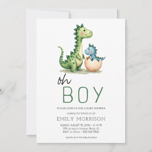 Oh Boy Dinosaur Schattigee Baby Boy Shower Kaart (Voorkant)