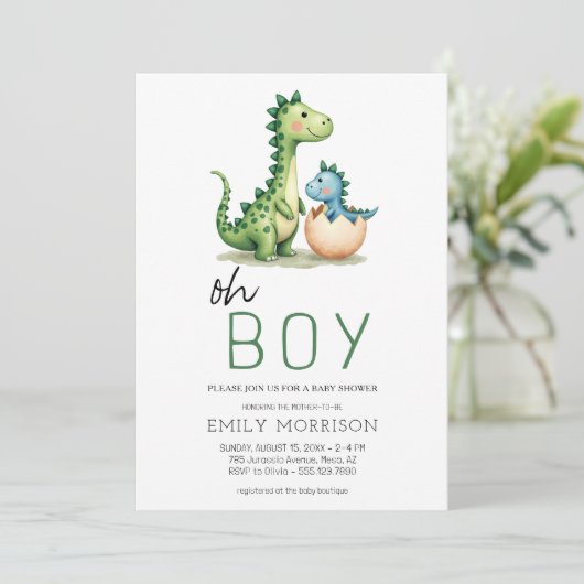 Oh Boy Dinosaur Schattigee Baby Boy Shower Kaart (Staand voorkant)