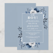 Oh Boy Dusty Blue Elegant Floral Baby shower Kaart (Voorkant / Achterkant)