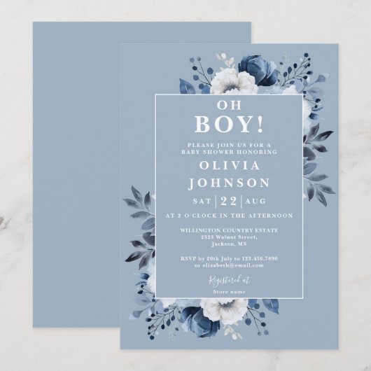 Oh Boy Dusty Blue Elegant Floral Baby shower Kaart (Voorkant / Achterkant)