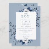 Oh Boy Dusty Blue Floral Alles in één Baby shower Kaart (Voorkant / Achterkant)