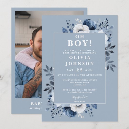 Oh Boy Dusty Blue Floral Foto Baby shower Kaart (Voorkant / Achterkant)