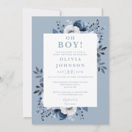 Oh Boy Dusty Blue Floral Foto Baby shower Kaart (Voorkant)