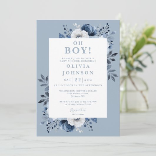 Oh Boy Dusty Blue Floral Foto Baby shower Kaart (Staand voorkant)