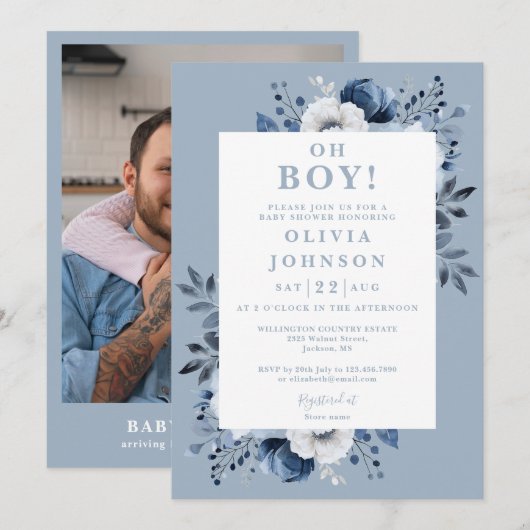 Oh Boy Dusty Blue Floral Foto Baby shower Kaart (Voorkant / Achterkant)