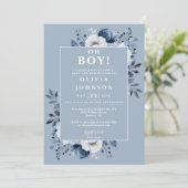 Oh Boy Dusty Blue Floral Foto QR Baby shower Kaart (Staand voorkant)