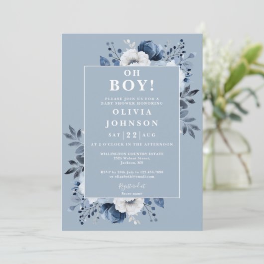 Oh Boy Dusty Blue Floral Foto QR Baby shower Kaart (Staand voorkant)