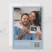 Oh Boy Dusty Blue Floral Foto QR Baby shower Kaart (Achterkant)