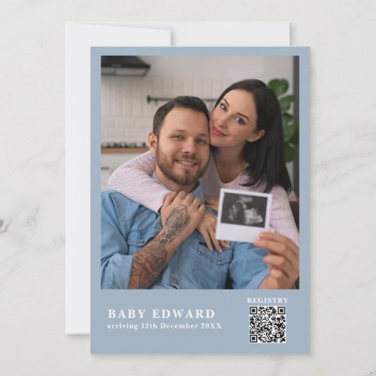 Oh Boy Dusty Blue Floral Foto QR Baby shower Kaart (Achterkant)