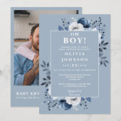 Oh Boy Dusty Blue Floral Foto QR Baby shower Kaart (Voorkant / Achterkant)