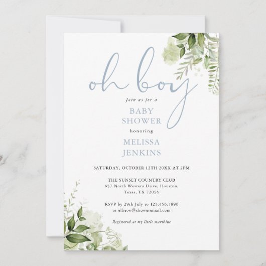 Oh Boy Dusty Blue Greenery Baby shower Kaart (Voorkant)