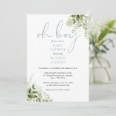 Oh Boy Dusty Blue Greenery Baby shower Kaart (Staand voorkant)