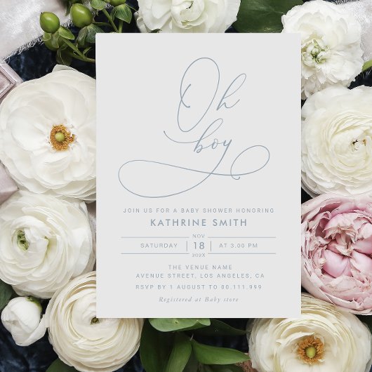 Oh Boy Dusty Blue Modern Baby shower Invitation Kaart