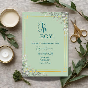 Oh Boy Elegant Greenery & Gold Baby shower Kaart