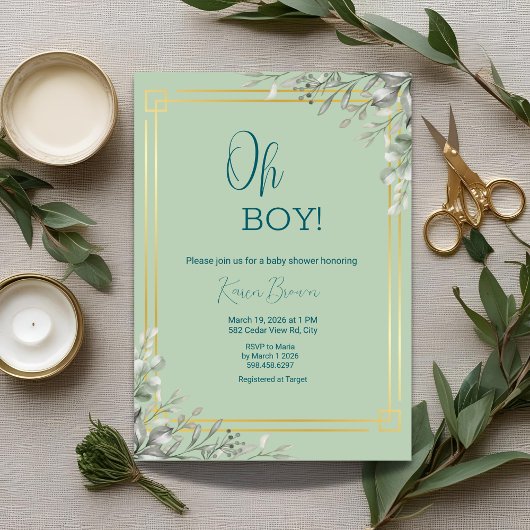 Oh Boy Elegant Greenery & Gold Baby shower Kaart
