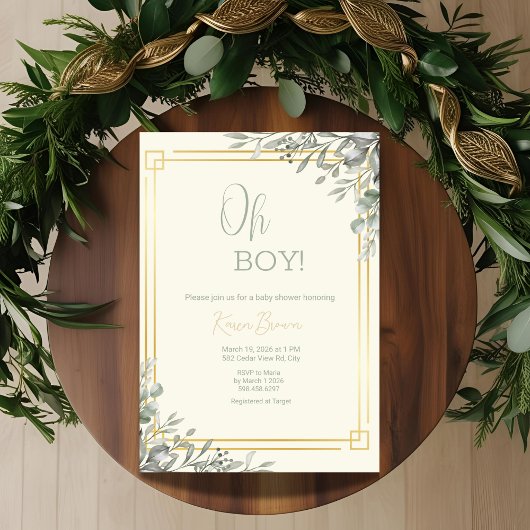Oh Boy Elegant Greenery & Gold Baby shower Kaart